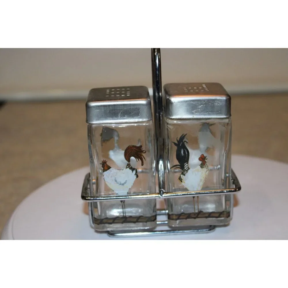 Salt & Pepper Shakers - Square Glass with Chickens Metal Stand